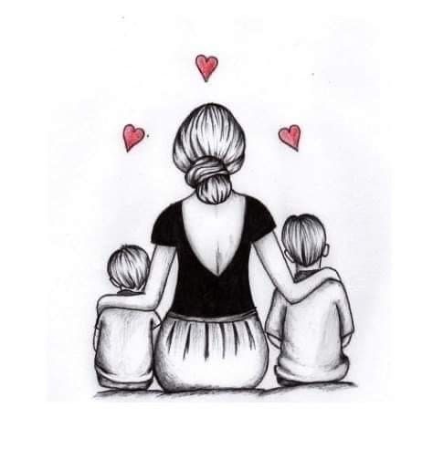 63 Zarte Tattoos von Mutter und Tochter. Mutter auf dem Rücken, sitzend mit zwei Kindern, die sie umarmen, und mit roten Herzen um sie herum