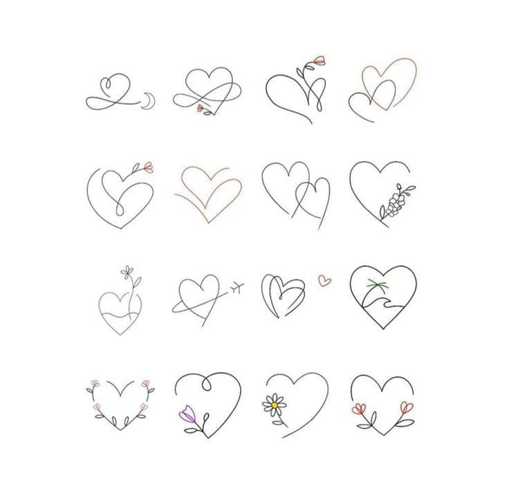 91 kleine Tattoo-Herz-Vorlagen mit einem einzelnen Strich, Tulpenblume, Gänseblümchen, Flugzeugpalme