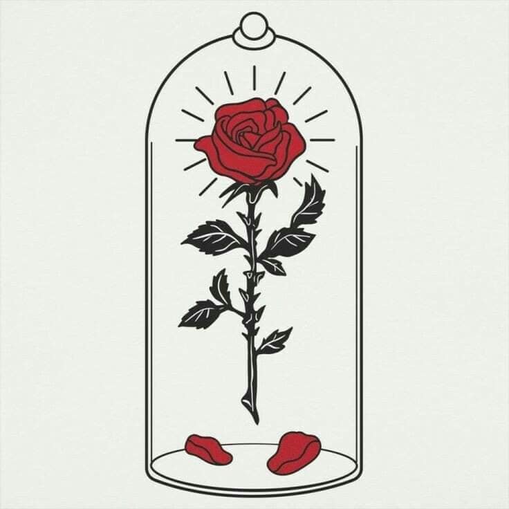 23 Skizzen Tattoo-Schablonen leuchtender roter Rosen in glockenförmigen Kristallkapseln auf dem Boden