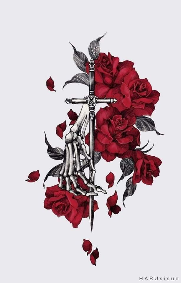 38 Skizzen-Rosen-Tattoo-Vorlagen, vier rote Rosen mit Schwertdolch und Skeletthand