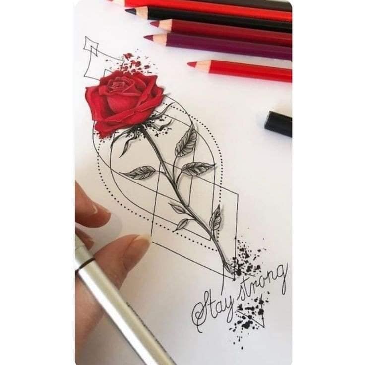 39 Skizzen Tattoo-Vorlagen von Rosen mit einem Hintergrund aus geometrischen Zeichnungen, Rauten, gepunkteten Linien