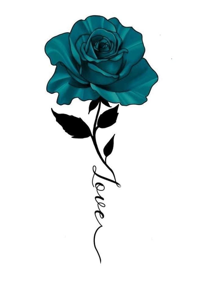 54 Sketches Tattoo Templates of Blue Roses with a black stem and the word love