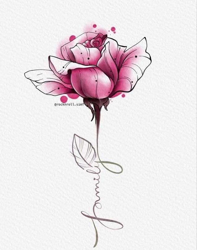 59 Sketches Tattoo Templates of Roses with watercolor parts and stem that says family