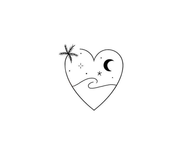 11 Tatouages de Fine Stroke Heart réalisés avec un motif de vagues de plage lune palmier