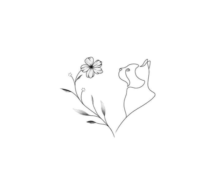 11 Fine Line Tatuaggi di un gatto che guarda un fiore con un ramoscello