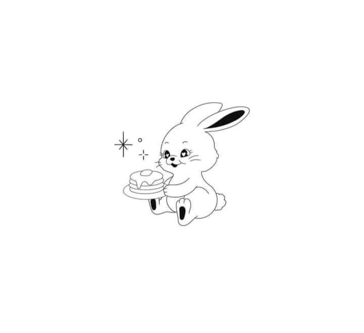 12 Fine Line Tattoos Kaninchen, das gerade einen Kuchen isst, mit Sternen im Hintergrund