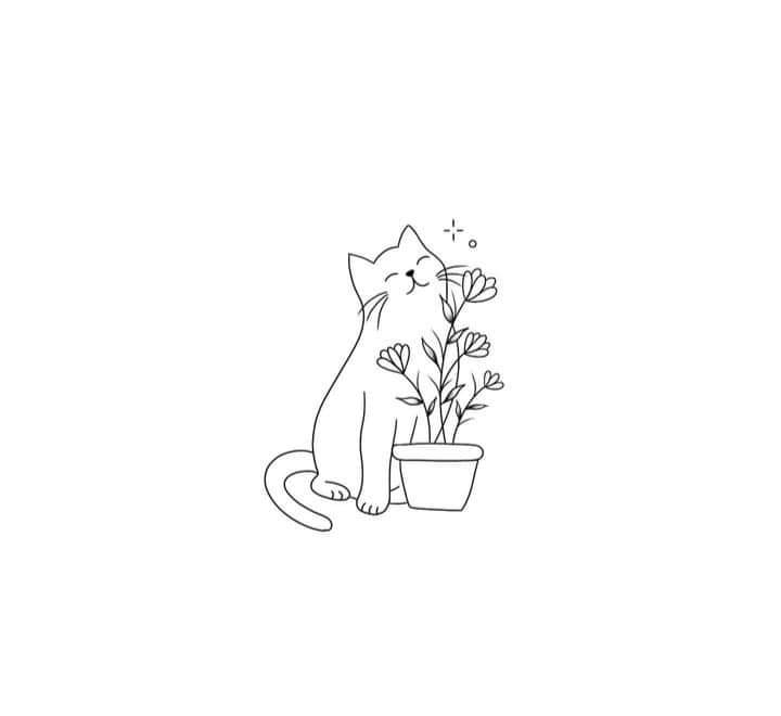 26 Fine Line Tattoos, Zeichnung einer Katze mit Topf und Blumen