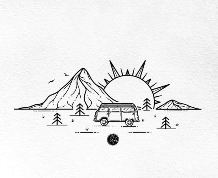 40 schizzi per tatuaggi disegno semplice di un furgone in un paesaggio con sole e viaggio in montagna
