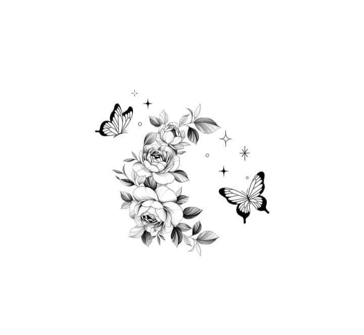 91 Esboços para tatuagens Lua feita com rosas borboletas e estrelas