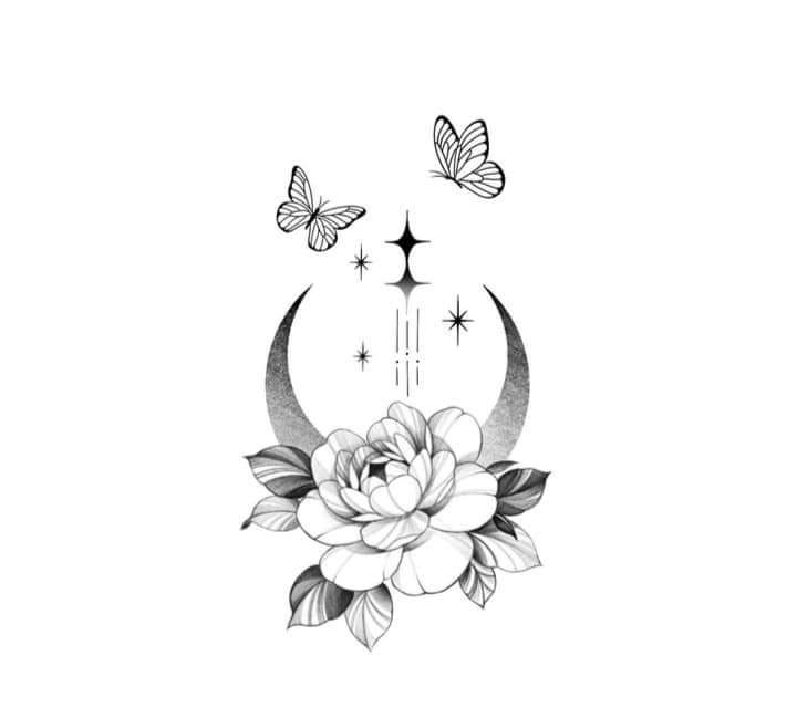 93 Croquis de Tatouages Grande Fleur Lune Etoiles et Papillons