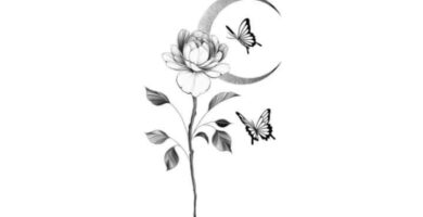 98 croquis de tatouages rose avec la lune et deux papillons