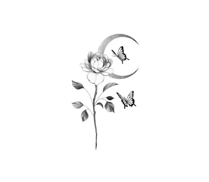 98 Skizzen für Tattoos Rose mit Mond und zwei Schmetterlingen