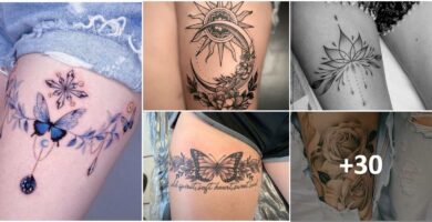 Tatuaggi delicati sulla coscia per donne Collage (1)