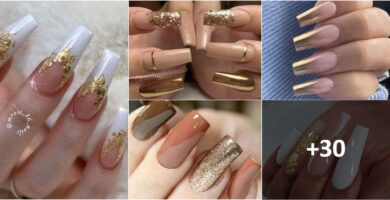 Collage Long Nails Gold White Brown Pink