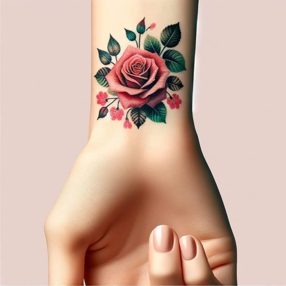 13 Ideas de Tattoos Hechos con IA rosa roja con hojas verdes en muñeca