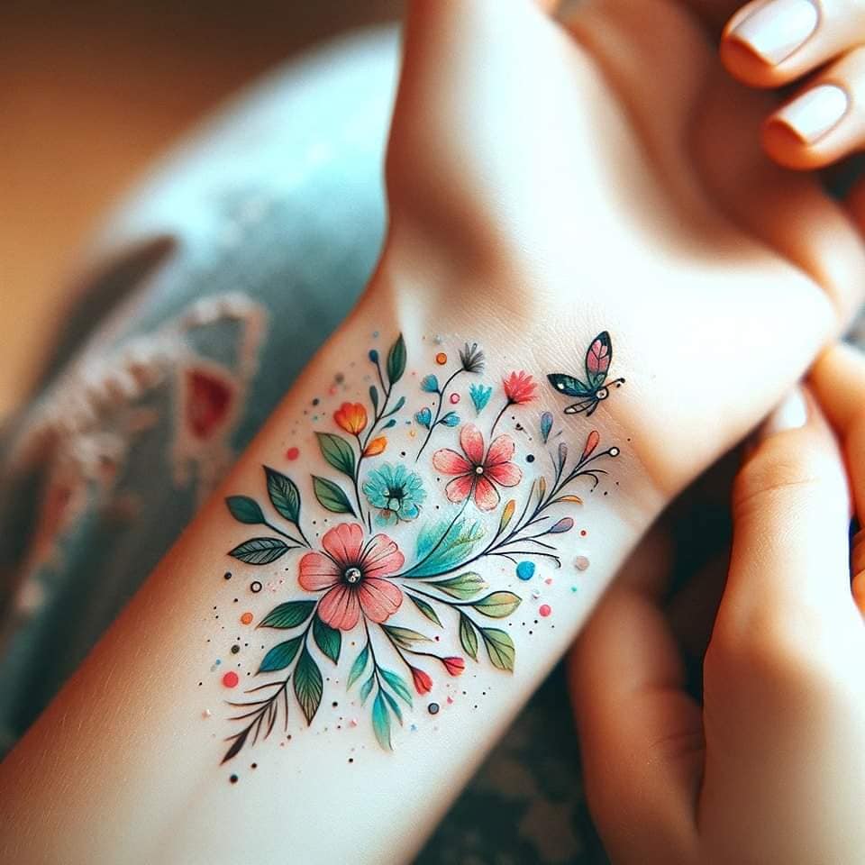 17 Ideas de Tattoos Hechos con IA motivo floral con mariposa ramitas flores naturales en muñeca