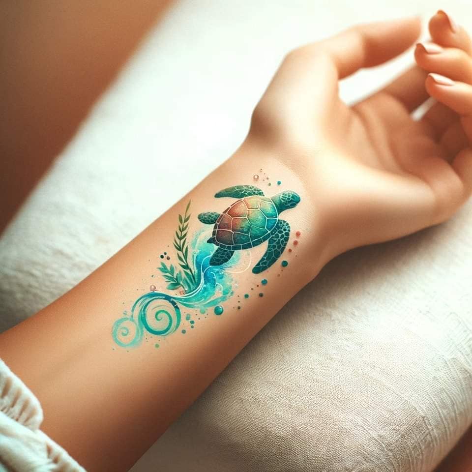 22 Ideas de Tattoos Hechos con IA tortuga marina con estela de agua motivo acuatico en muñeca
