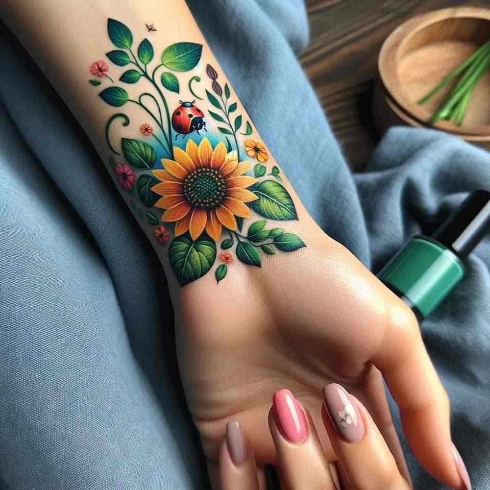 25 Ideas de Tattoos Hechos con IA girasol con hojas verdes y mariquita roja en muñeca