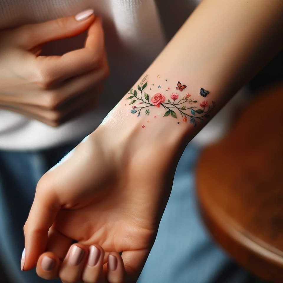 35 Ideas de Tattoos Hechos con IA simple pulsera de naturaleza con delicadas flores y mariposas