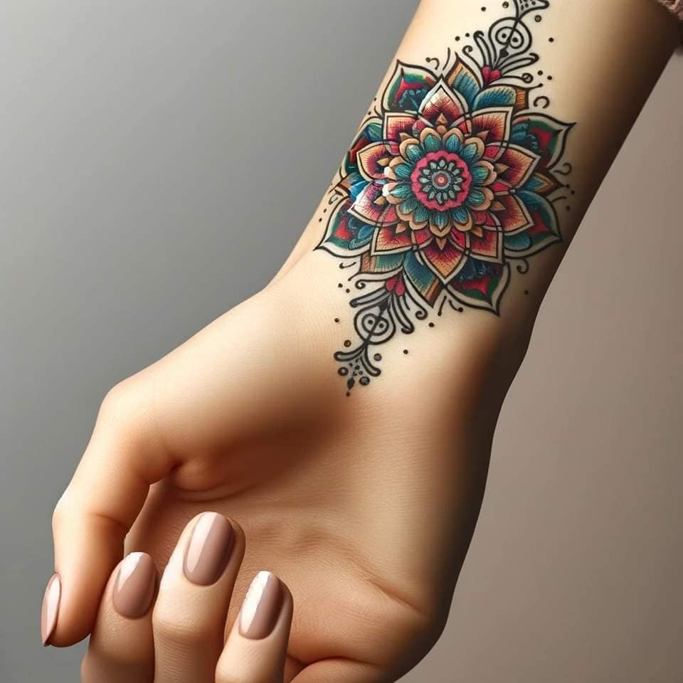 36 Ideas de Tattoos Hechos con IA mandala con adornos idues en muñeca