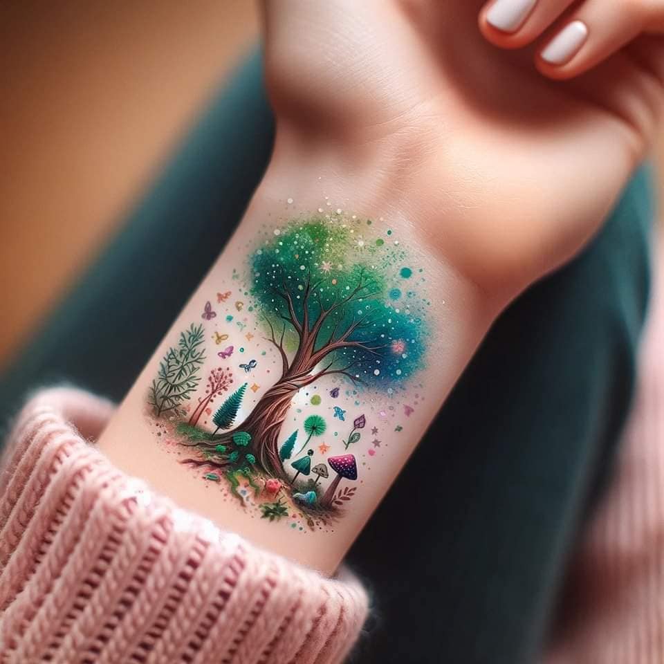 43 Ideas de Tattoos Hechos con IA arbol magico de la vida con paisaje de bosque hongos pinos colorido en muñeca