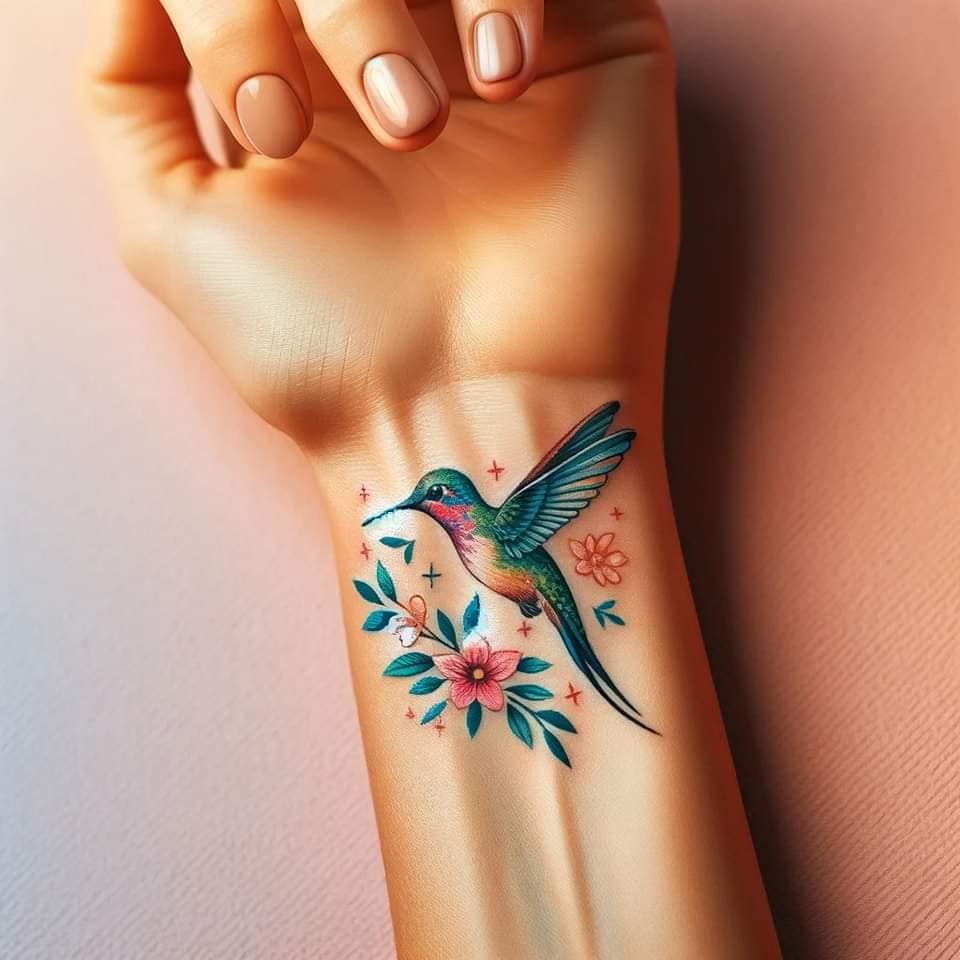 54 Ideas de Tattoos Hechos con IA colibri con flores hojas y pequeñas estrellas en muñeca