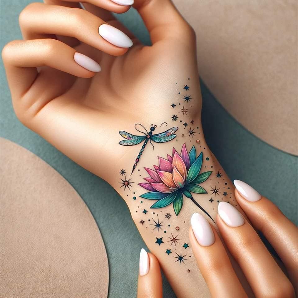 55 Ideas de Tattoos Hechos con IA libelula flor de loto y estrellas coloridas en muñeca