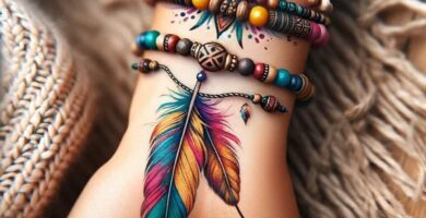 74 Tattoos Hechos con IA en Muñeca plumas de colores vivos y mandala