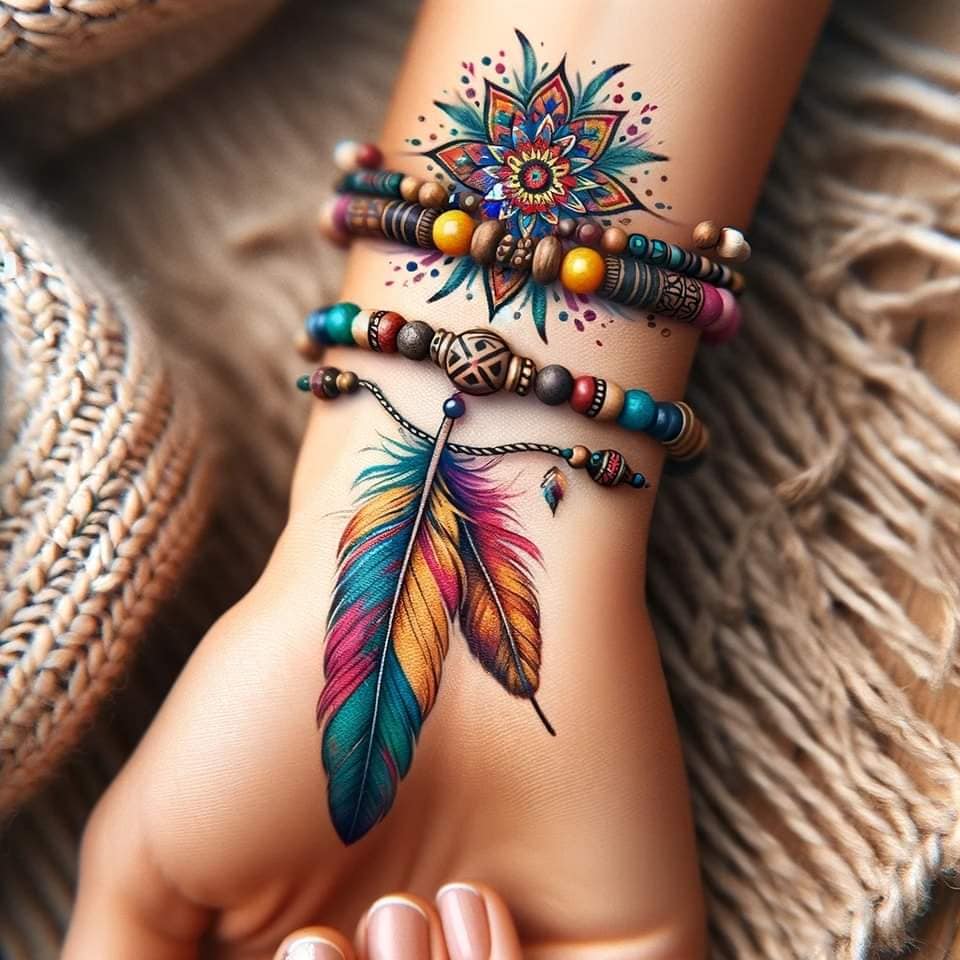 74 Tattoos Hechos con IA en Muñeca plumas de colores vivos y mandala