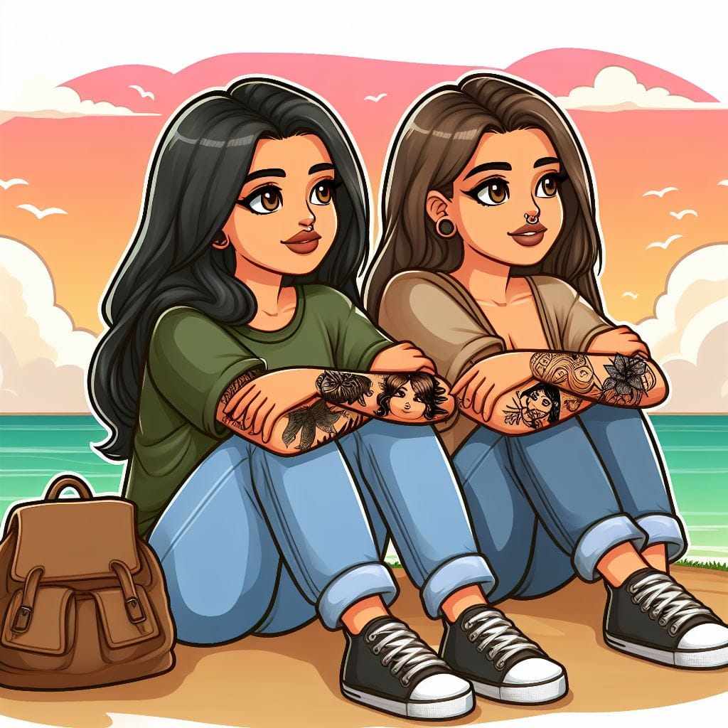 1000 Caricatura de dos amigas sentadas en la playa con cielo rojo de fondo Tatuadas