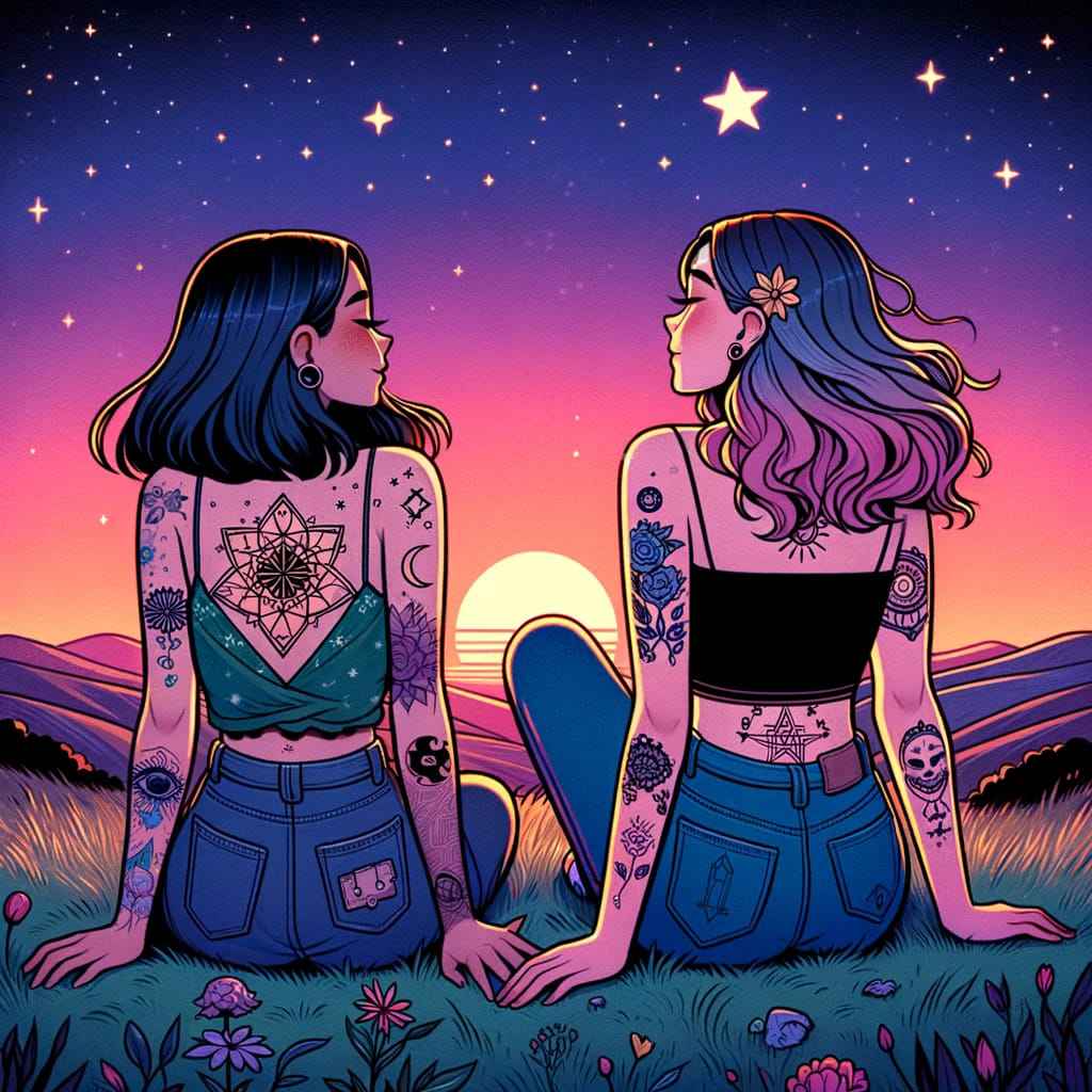 10000 originales tatuajes de mejores amigas ilustraccion de dos amigas tatuadas mirando la puesta del sol y las estrellas en al campo