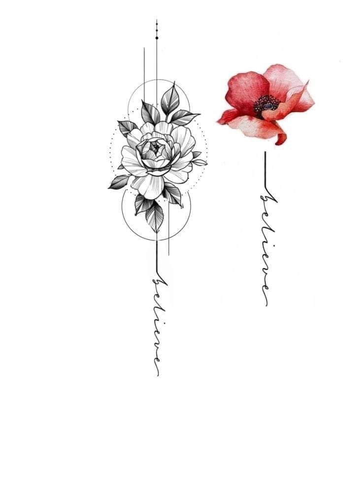 17 bonitos tatuajes para mujeres flor amapola clor en negro y rojo inscripcion de nombre en el tallo