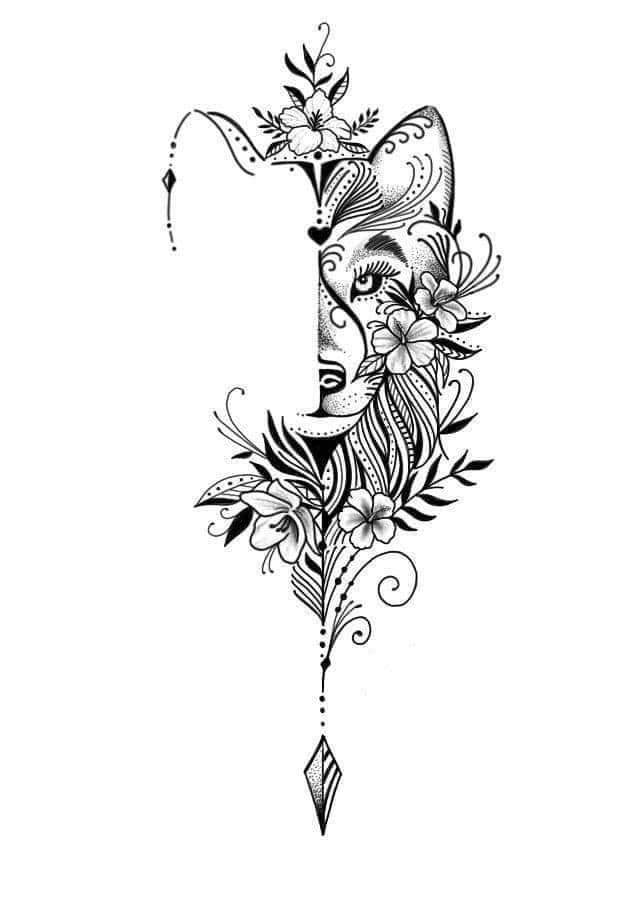 22 bonitos tatuajes para mujeres media cara de leon con adornos hojas y flores