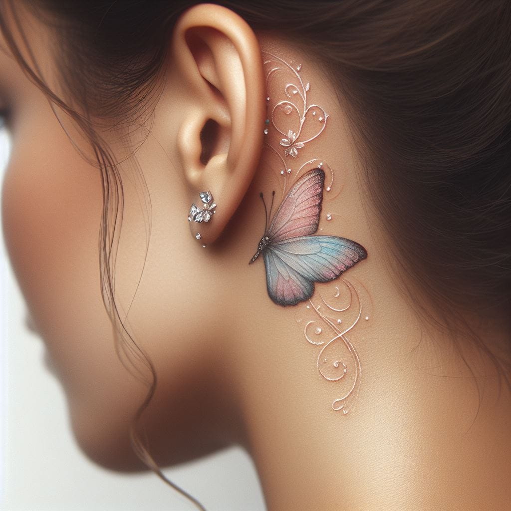 143 Tattoos IA Detras de la Oreja mariposa en suaves tonos pastel y adornos con tinta blanca