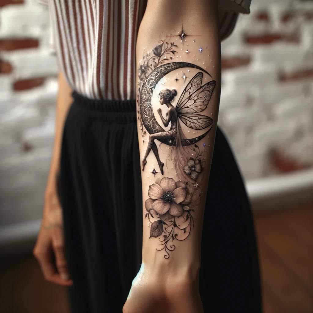 22 Tatuajes de Hadas Hechos con IA en todo el antebrazo en colores negros difuminado con flores luna y estrellas