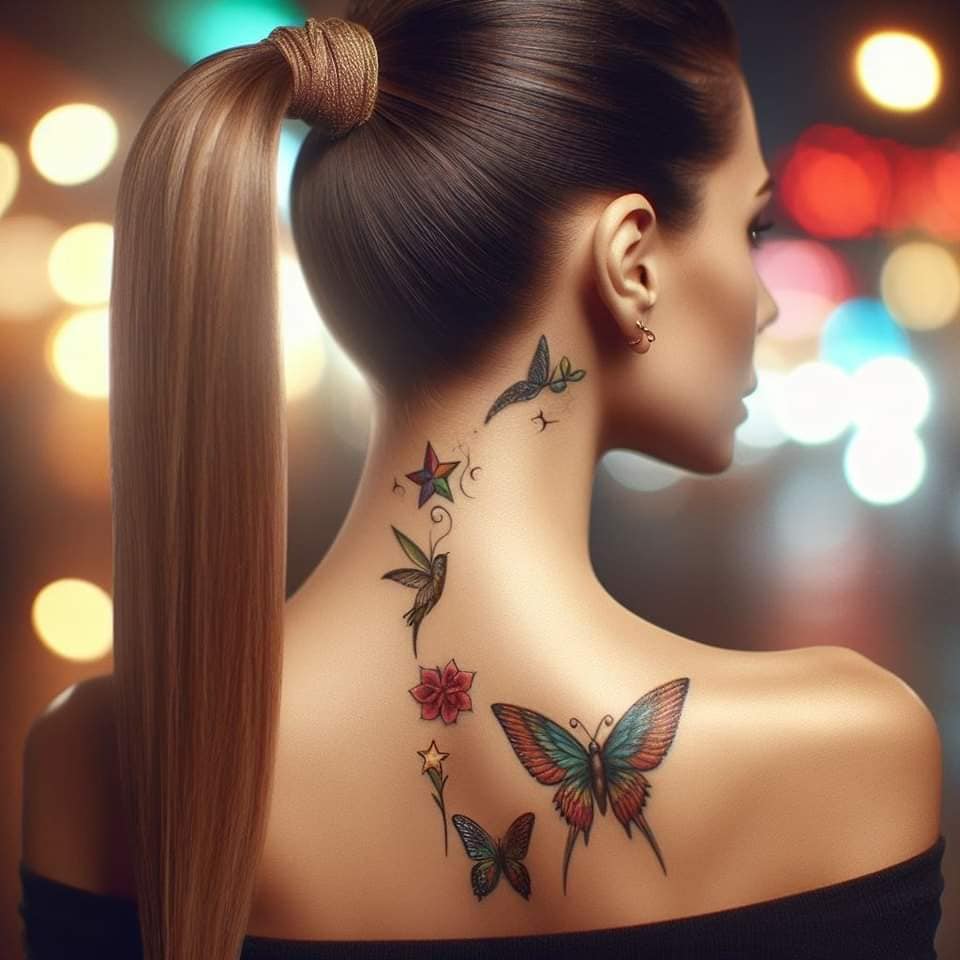 244 Tattoos IA Mariposas Aves Estrellas full color en el cuello de mujer y espalda alta