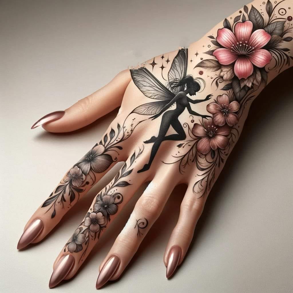 25 Tatuajes de Hadas Hechos con IA en dorso de la mano con flores engras y rosadas salmon