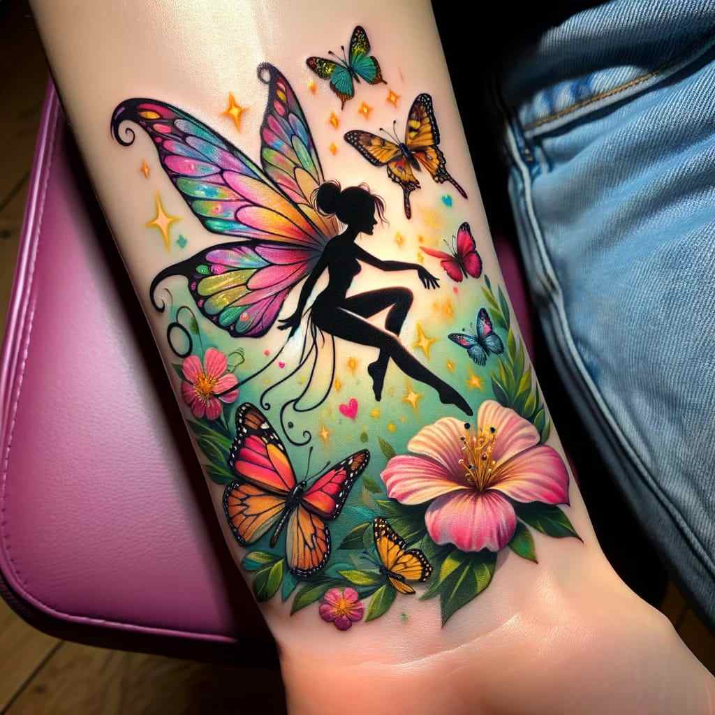 27 Tatuajes de Hadas Hechos con IA en muñeca full color con mariposas flores estrellas verde del bosque