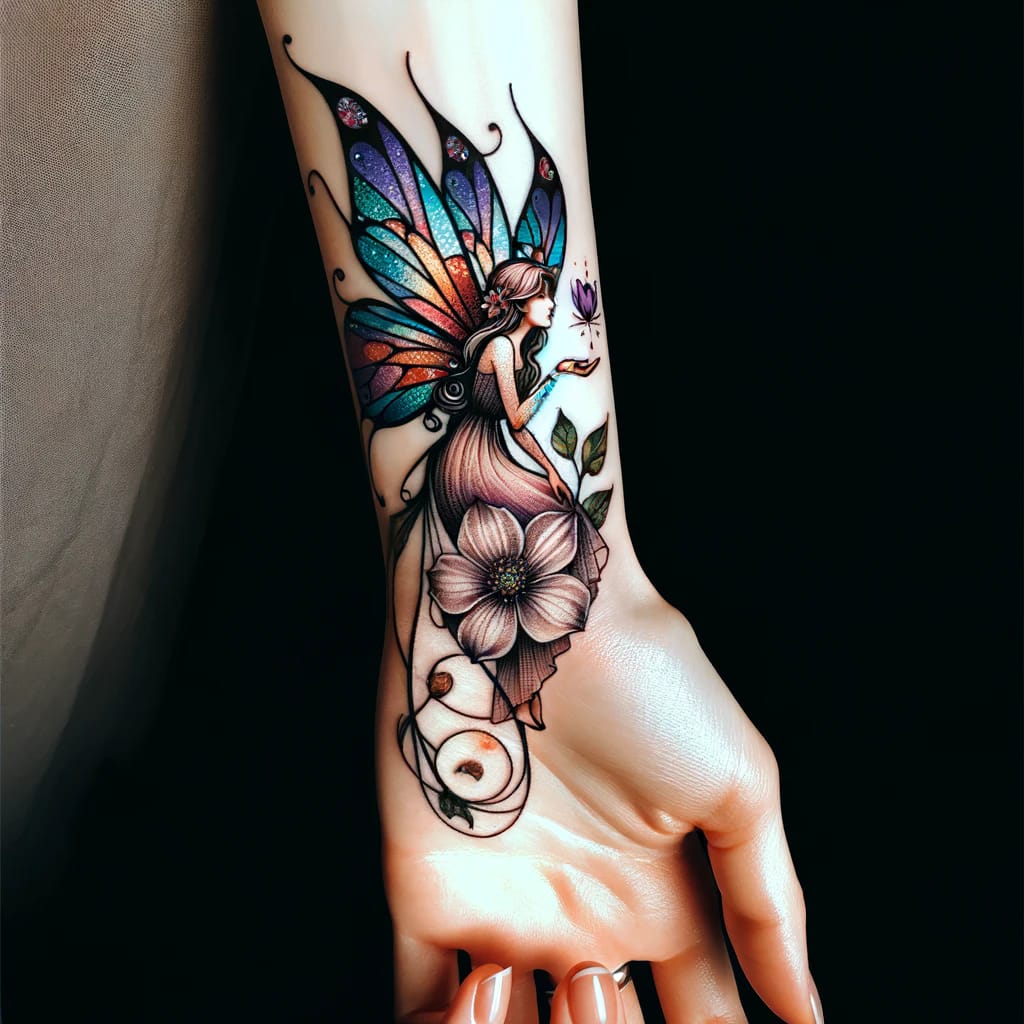 27 Tatuajes de Hadas Hechos con IA en muñeca y mano motivo con colores y adornos
