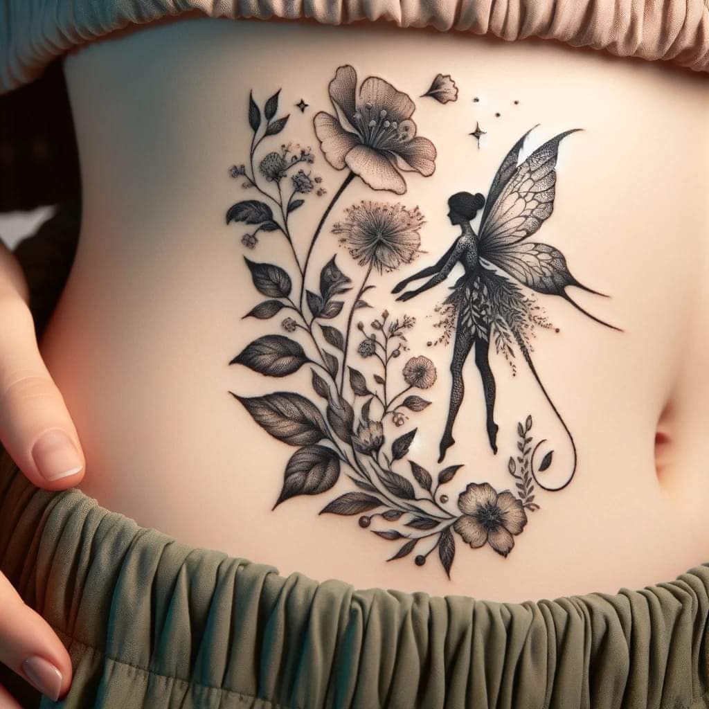 28 Tatuajes de Hadas Hechos con IA en vientre con flores en negro