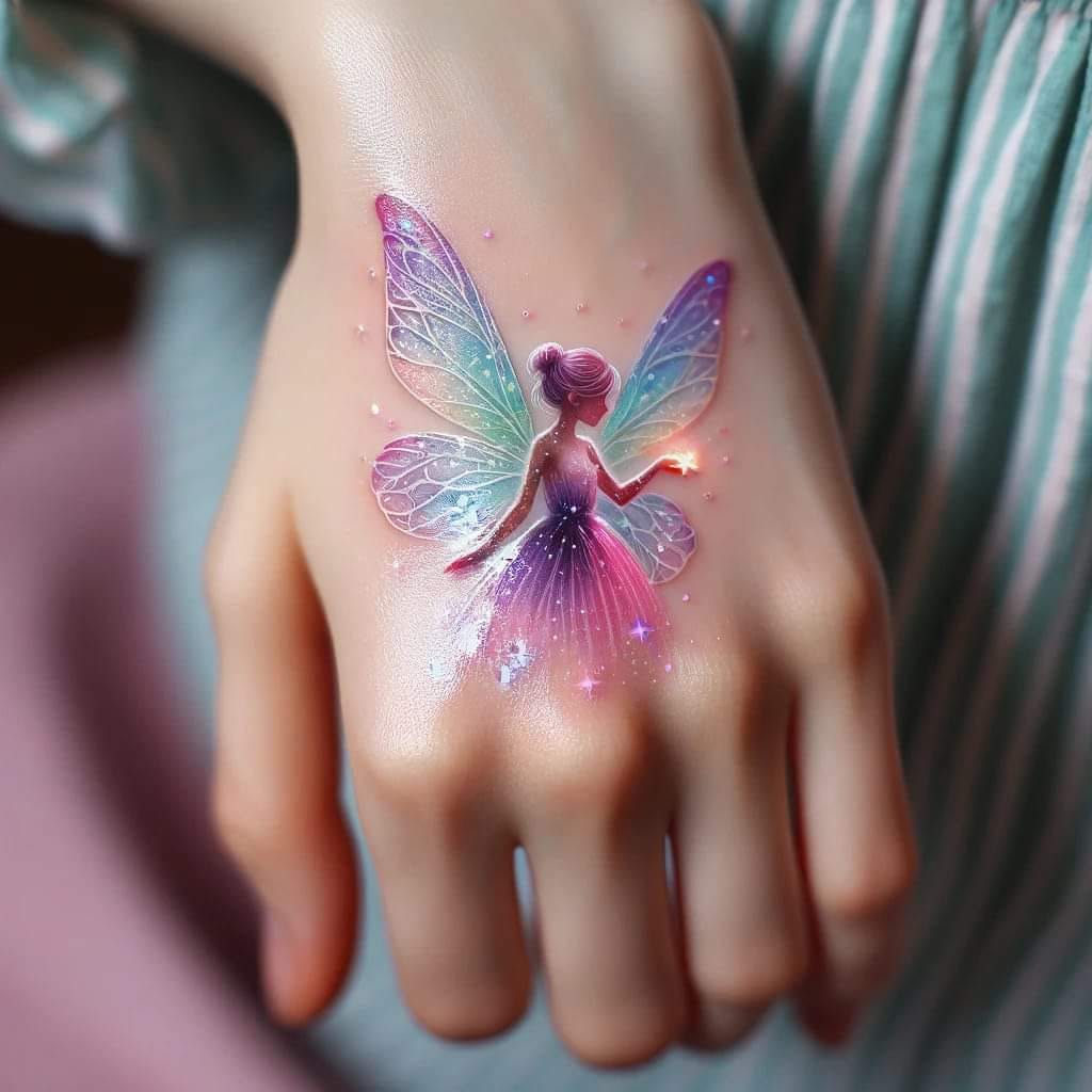 34 Tatuajes de Hadas Hechos con IA en el dorso de la mano con alas multicolores y estrellas de luz