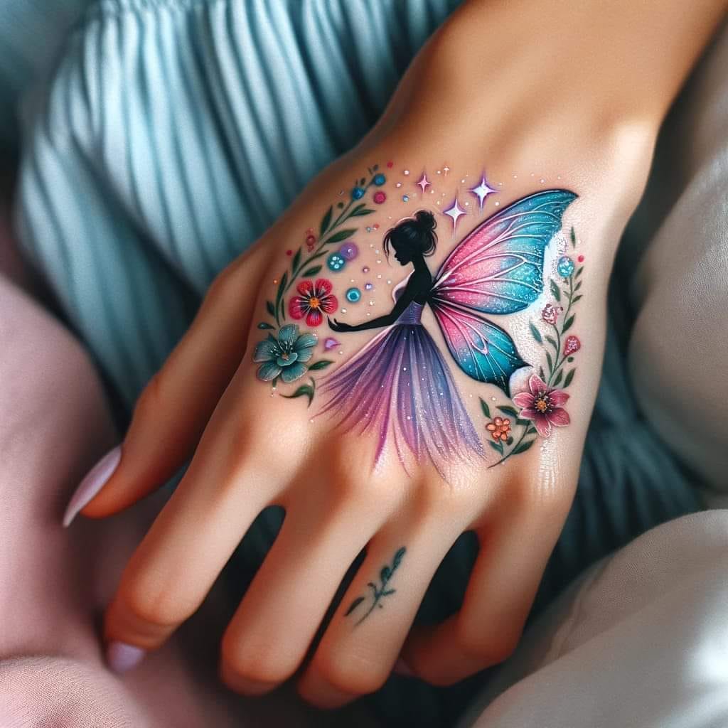 36 Tatuajes de Hadas Hechos con IA en el dorso de la mano a full color con florcitas