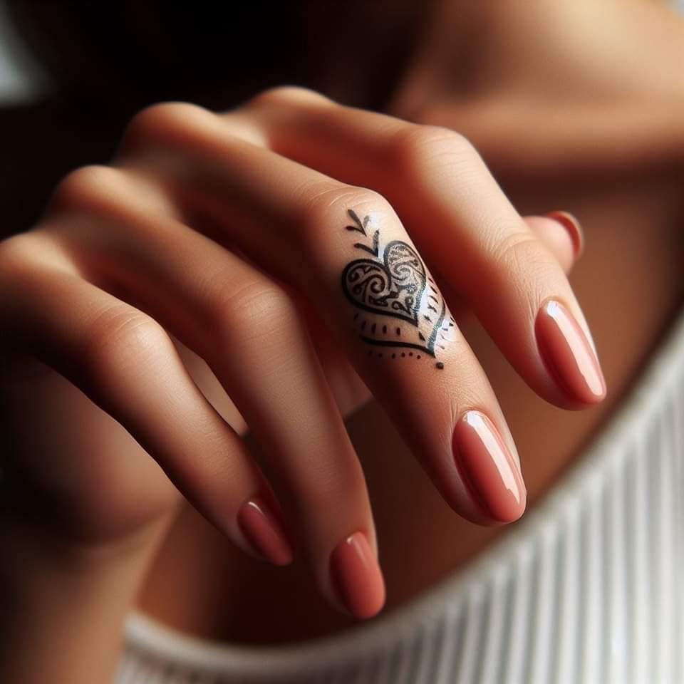 42 Tattoos IA corazon con adornos negros en el dedo mayor