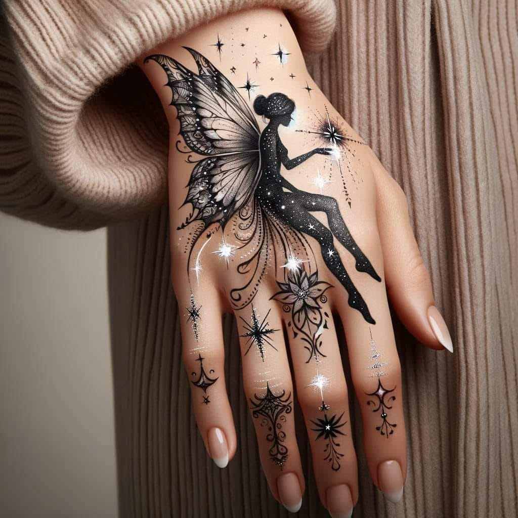 44 Tatuajes de Hadas Hechos con IA en el dorso de la mano negra adornos de flor de loto en los dedos