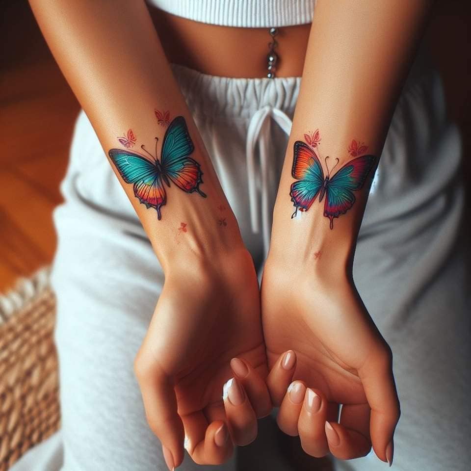48 Tattoos IA en ambas muñecas full color con mariposas rojas anaranjadas y azules