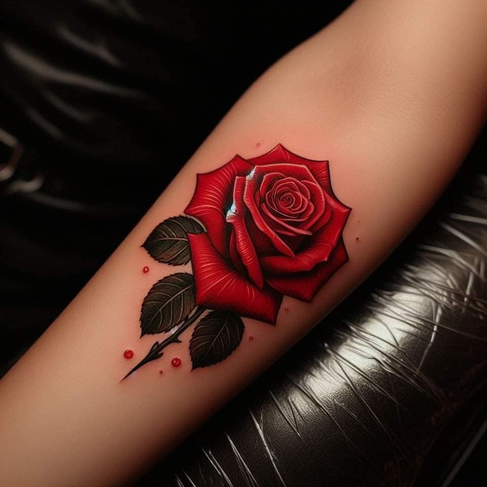 56 Tattoos IA rojo intenso con negro en antebrazo Rosa con gotitas de sangre