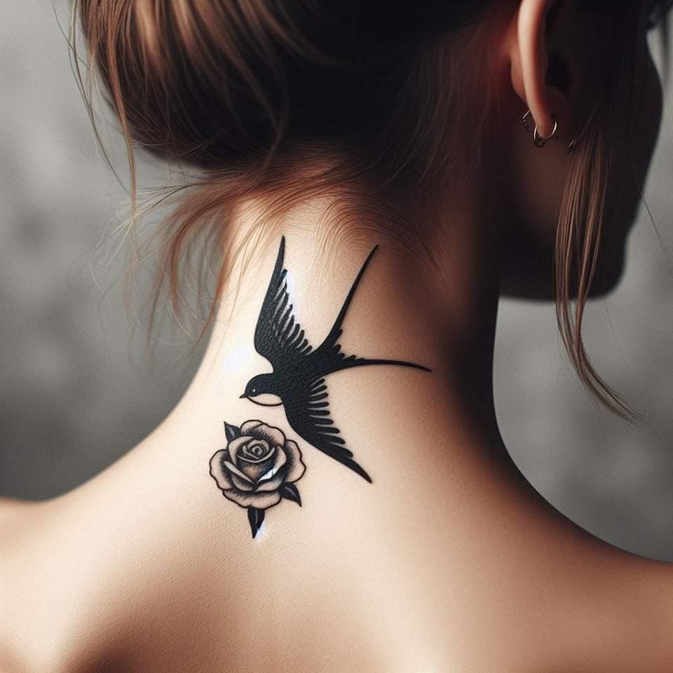 64 Tattoos IA golondrina y rosa en un negro intenso en la parte posterior del cuello