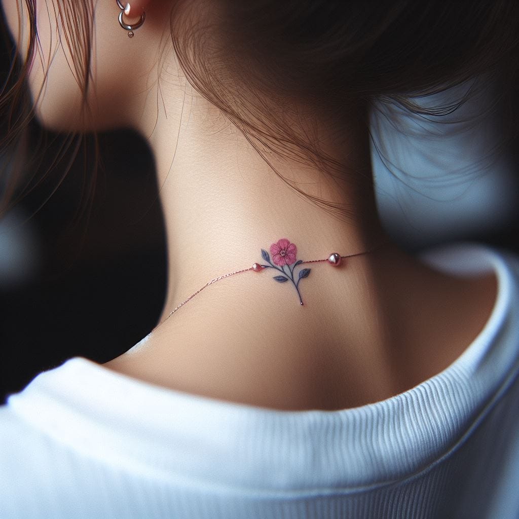 78 Tattoos IA pequeño detalle estetico en la parte posterior del cuello pequeña florcita rosada con tallo azulado