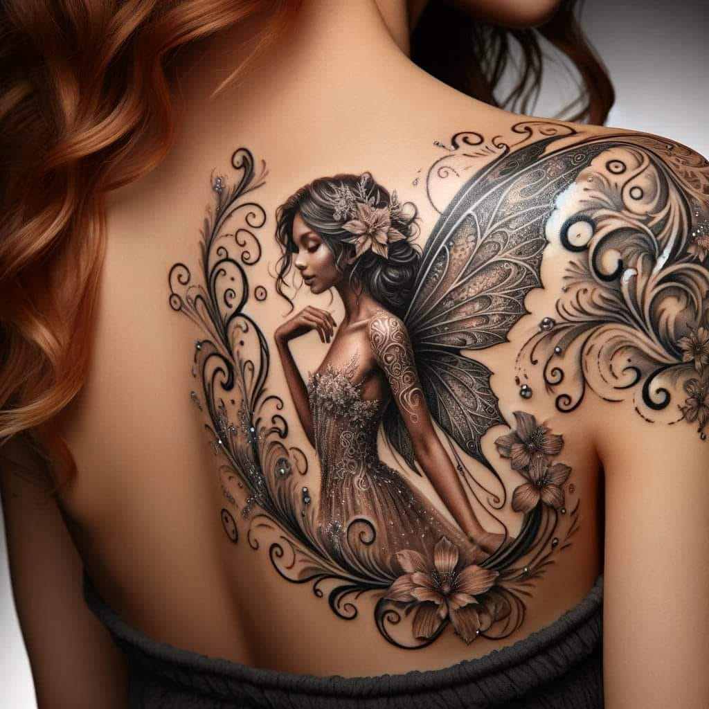 998 Tatuajes de Hadas Hechos con IA en espalda homoplato realista con alas adornos y mujer hada