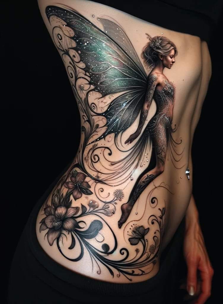 999 Tatuajes de Hadas Hechos con IA en costado costillas negro con flores y realista mujer